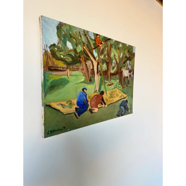 This charming 1971 impressionist oil painting by C. Stanley captures a lively outdoor scene of rural life. Depicting...