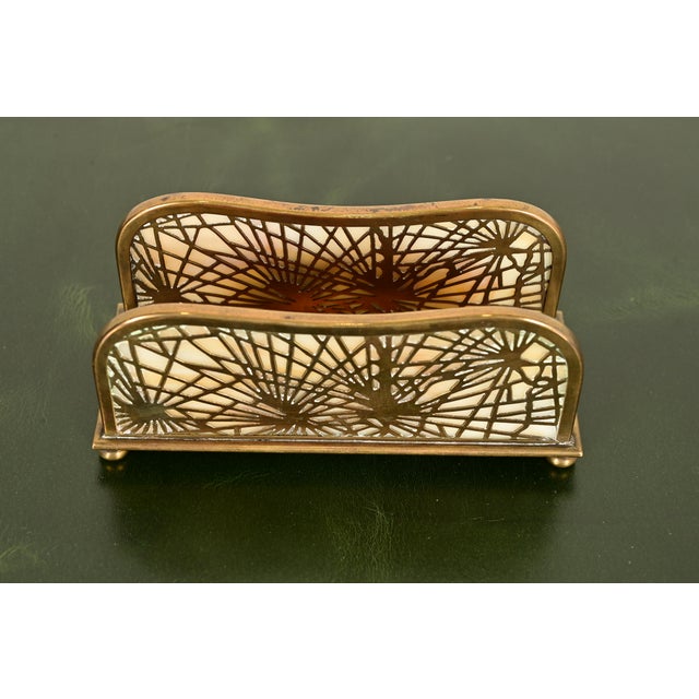 Tiffany Studios Tiffany Studios New York Pine Needle Bronze Doré and Favrile Slag Glass Letter Rack For Sale - Image 4 of 11