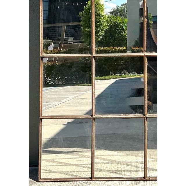 Vintage Monumental Arched Wrought Iron Mirror With Patinated Mullion Detail For Sale - Image 9 of 12