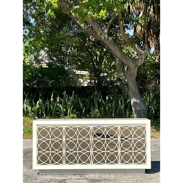 Off-white Vintage Regency Fretwork Credenza With Mirrored Front For Sale - Image 8 of 11