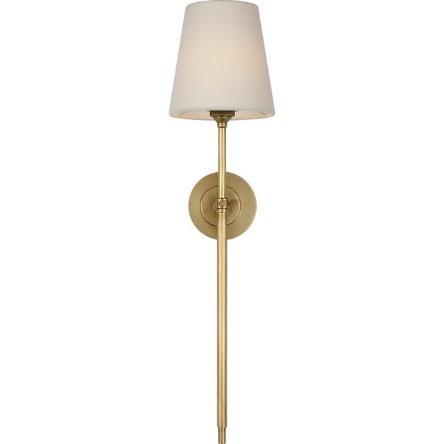 Metal Thomas O'Brien for Visual Comfort Signature Bryant 27" Cordless Tail Sconce in Hand-Rubbed Antique Brass with Linen Shade For Sale - Image 7 of 13
