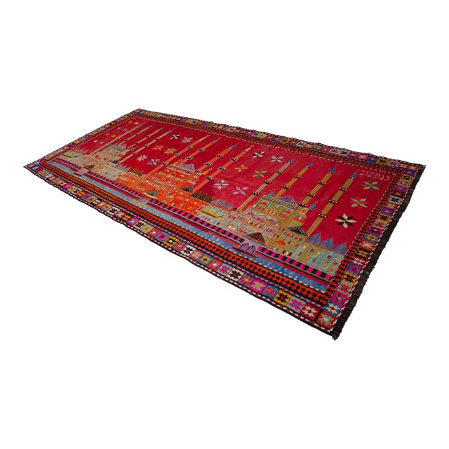 Masterpiece 1963 Dated Turkish Kilim, Extra Large Pictorial Wall Tapestry, Vintage Wall Decor With Mosque Design, Rare Architectural Art For Sale