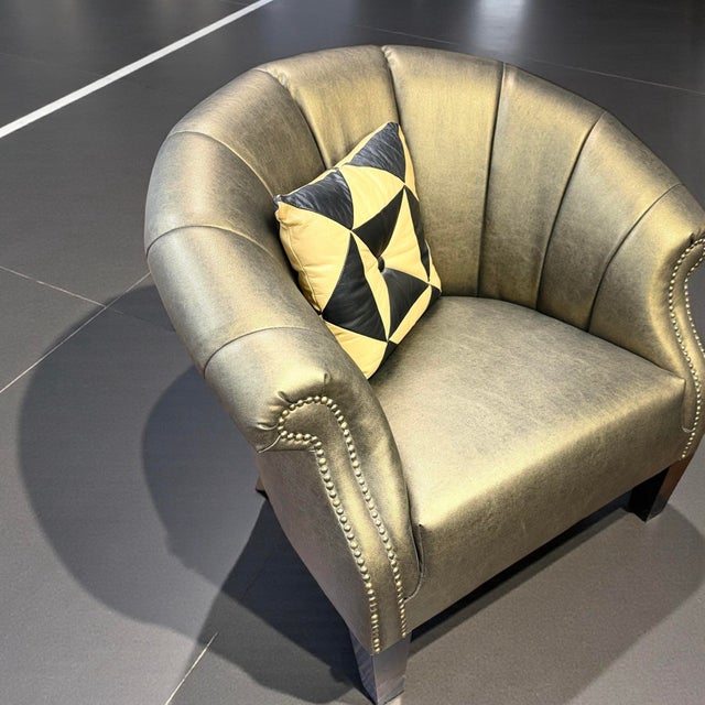 Animal Skin Pair of Pacific Design Center Deep Forest Moss Bronze Leather Barrel Armchairs For Sale - Image 7 of 8