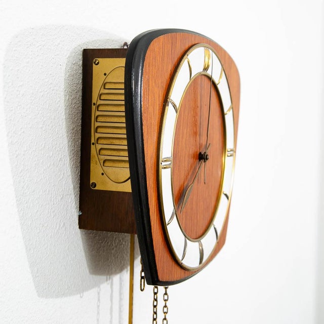 Mid Century Modern Wall Clock Teak Pendulum Weights 10 Jewel Denmark Chime For Sale - Image 4 of 10
