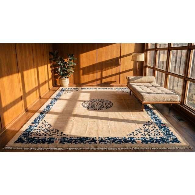 Textile 1890s Beige Medallion Handknotted Antique Chinese Peking Rug 9'4" X 11'4" Wool Carpet For Sale - Image 7 of 9