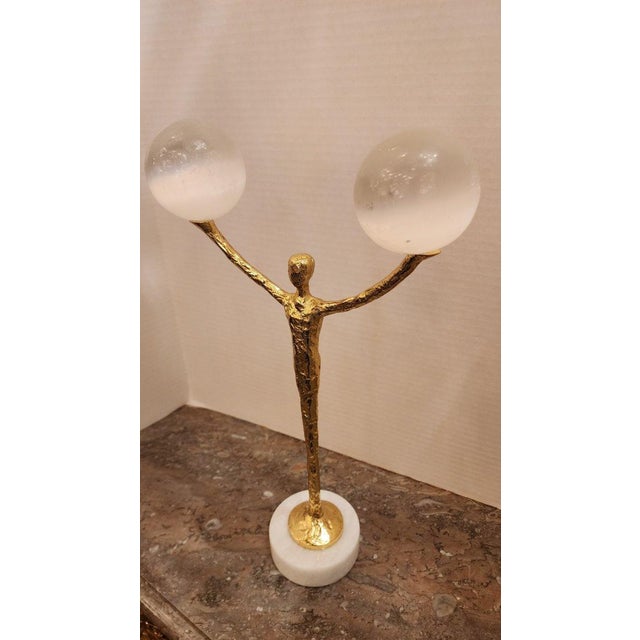 Modern John Richard Brass Figure With Two Selenite Balls For Sale - Image 3 of 8