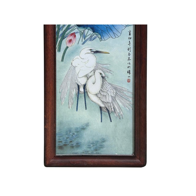 Blue Vintage Chinese Wood Frame Porcelain Egret Lotus Wall Plaque Panel For Sale - Image 8 of 9