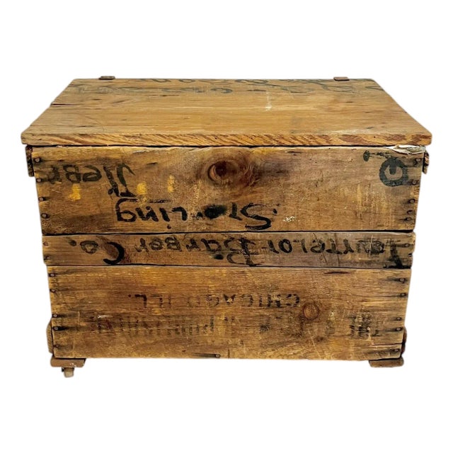 Antique Handmade Folk Art Wood Box Crate Table With Wheels For Sale