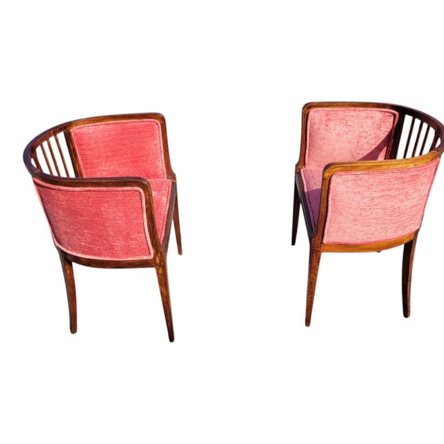 Pair 1920s English Edwardian Inlaid Mahogany Tub Club Chairs Newly Upholstered For Sale - Image 4 of 18