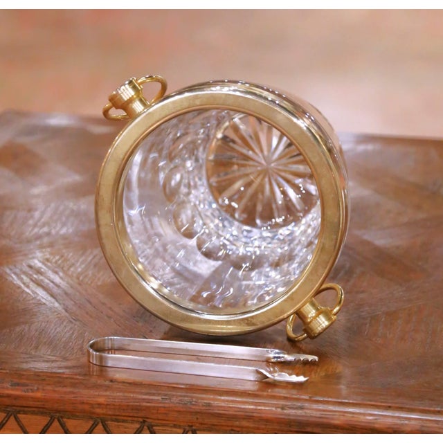 French Mid-Century French Cut Glass Champagne Bucket With Brass Ring Handles With Tongs For Sale - Image 3 of 8