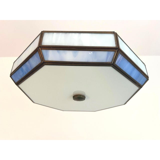 Mid-Century Modern Mid Century Blue & White Tiffany Style Flush Light For Sale - Image 3 of 18
