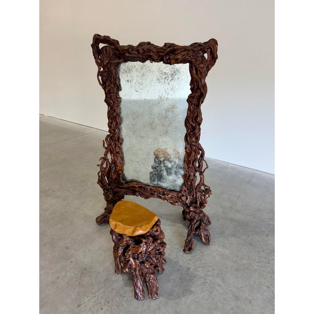 Impressive large vintage Chinese Tree Root Burl Frame Freeform Floor Mirror with matching stool. A unique and striking...