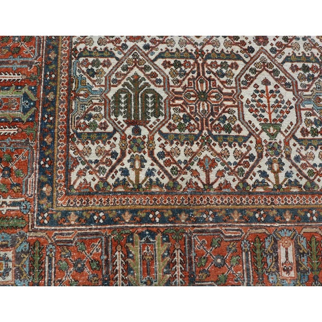 Antique Persian Joshegan Rug in Ivory Background With Blue, Green, & Copper For Sale In Atlanta - Image 6 of 11