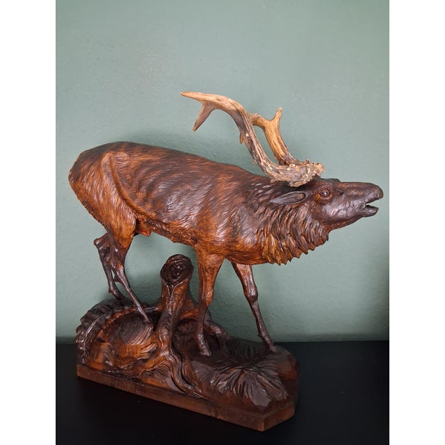 Wood Antique Black Forest Glass and Carved Wood Sculpture of a Roaring Stag, 1950s For Sale - Image 7 of 10