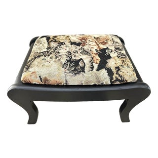 Antique Early 20th Century Victorian Footstool Black With Cat Tapestry Upholstered Cushion For Sale