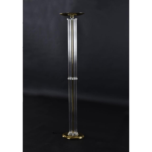 Charles Hollis Jones Art Deco Inspired Clear Acrylic Lucite and Gold Brass Torchiere Floor Lamp For Sale - Image 4 of 12