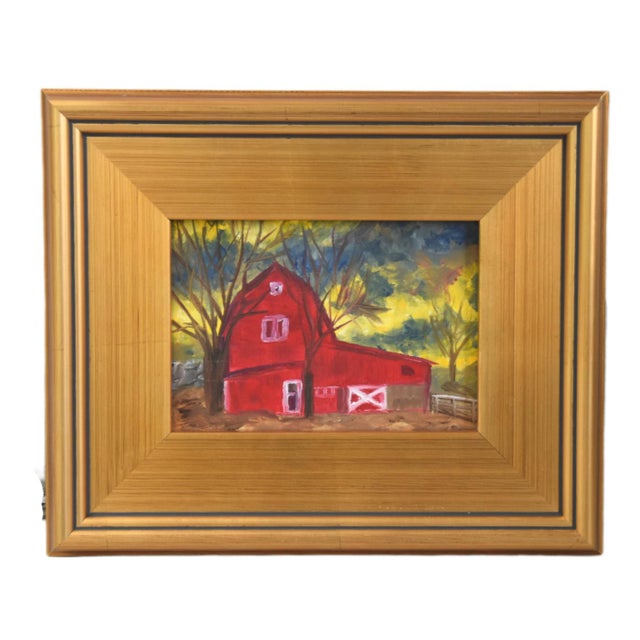 Farmhouse Rustic Red Barn Landscape Oil Painting Including the Antiqued Gold Wood Frame For Sale - Image 4 of 5