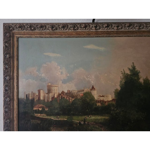 Wood Large Windsor Castle Thames Landscape Oil Painting in Ornate Pierced Frame With Picture Light For Sale - Image 7 of 17