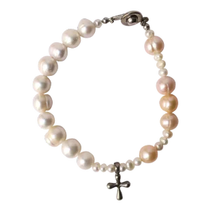 Natural Freshwater Pearl and Sterling Silver Cross Bracelet