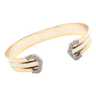 1980s Cartier Tri-Color Gold Diamond Double C Cuff Bangle Bracelet For Sale