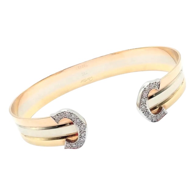 1980s Cartier Tri-Color Gold Diamond Double C Cuff Bangle Bracelet For Sale