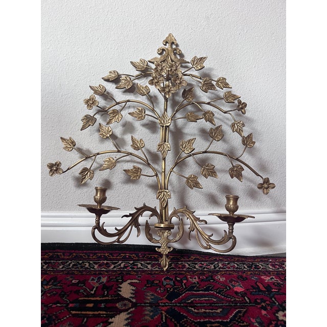 Pair of Hollywood Regency Style Brass and Metal Wall Sconce, Candlestick Holder, Vine Leaves Design, Candelabra For Sale - Image 9 of 12