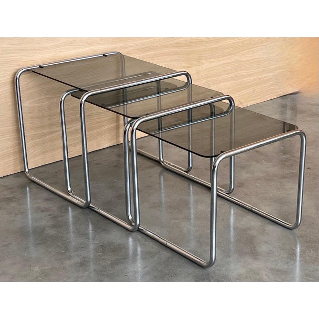 Mid 20th Century Cantilevered Chrome & Glass Nesting Tables with Fume Glasses For Sale In Miami - Image 6 of 18