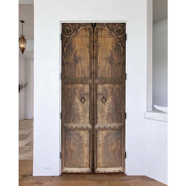 Brown Indo-Mughal Arch Double Door – Hand-Carved Solid Wood Panels For Sale - Image 8 of 12