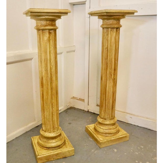 Classical Column Pedestals in Distressed Crackle Finish Paint, 1930s, Set of 2 For Sale - Image 3 of 5