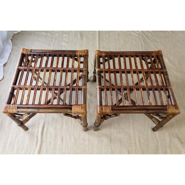 Pair of McGuire Style Chinoiserie Bamboo Stools or Ottomans With Tufted Cushions. For Sale - Image 11 of 18