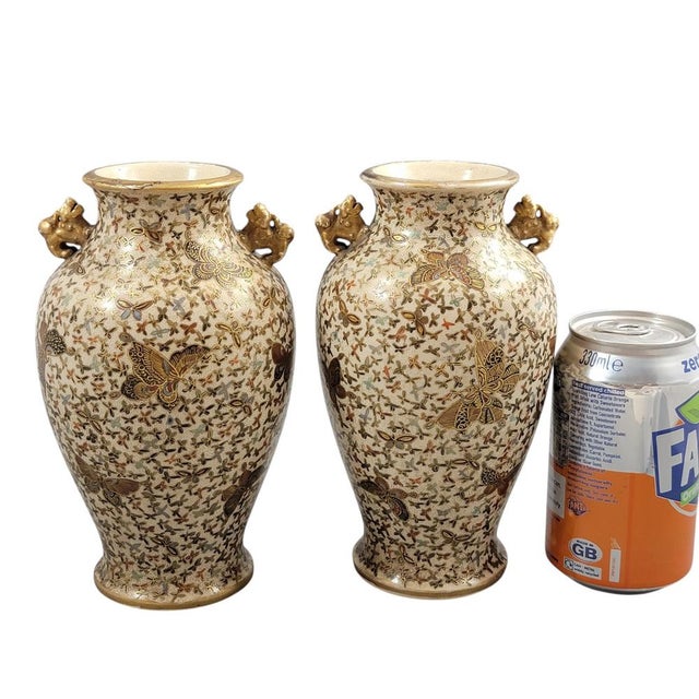Japanese Satsuma Thousand Butterflies Vases by Kinzan, Set of 2 For Sale - Image 13 of 14