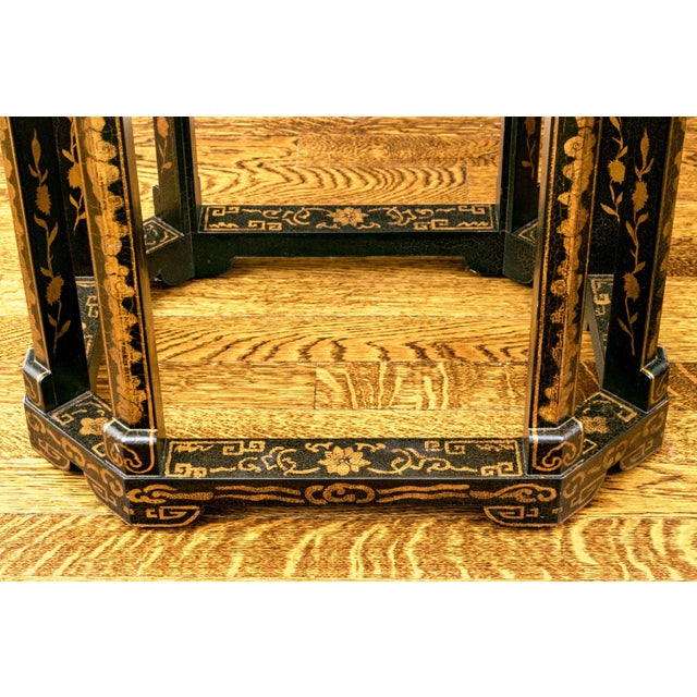 Vintage Chinoiserie Black Lacquered Octagonal Pedestal Stands—A Pair For Sale - Image 9 of 12