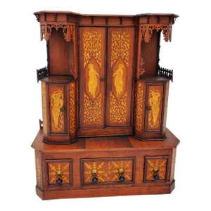 Victorian 1880s American Folk Art Inlaid Entryway Etagere Cabinet With Roman Musician Motiff