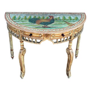 Vintage Folk Art Hand Painted Rooster Console Table For Sale