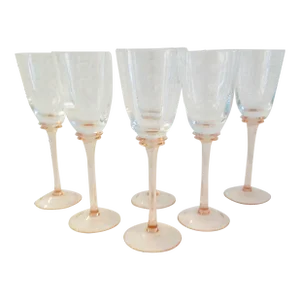 Mid-Century Pink Stemmed Crystal Glasses, Set of 6