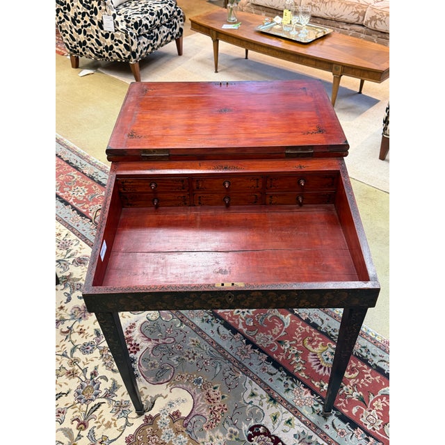 Antique 19th Century French Chinoiserie Hand-Painted Black and Gilt Ladies Writing Desk For Sale - Image 4 of 12