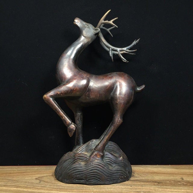 Solid Copper Pair of Lucky Wealth Deer (Zhaocai Lu) - Heavy Bronze Deer Figurines With Antlers For Sale - Image 4 of 9