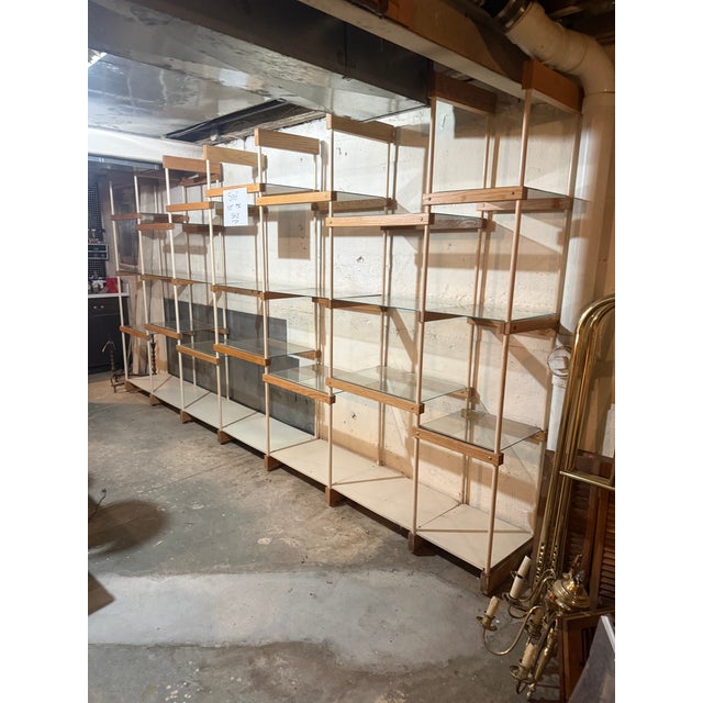 1960s Monumental Vintage Mid-Century Modern 7-Bay Architectural Shelving System – Oak, Steel & Tempered Glass – 13.5 Feet For Sale - Image 5 of 10