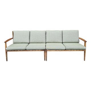 Two-Piece Mid-Century Teak Sofa With New Sage Green Upholstery For Sale
