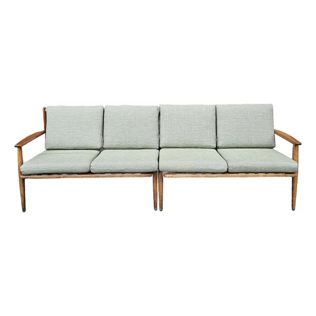 Two-Piece Mid-Century Teak Sofa With New Sage Green Upholstery For Sale