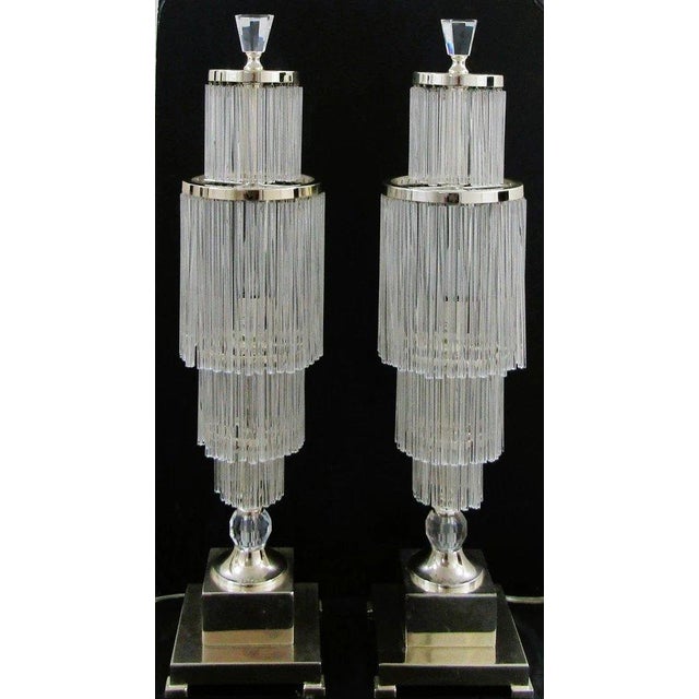 Pair of Art Deco Style 4-Tiered Crystal Rods and Chrome Table Lamps Each measures 6 1/2" widest diameter, 6 3/4" square...