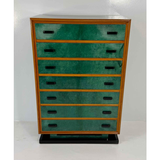 Italian Chest of Drawers in Emerald Green Parchment and Walnut with Black Details, 1950s For Sale - Image 3 of 15
