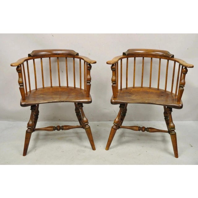 Antique English Windsor Colonial Pine Wood Spindle Pub Club Arm Chairs - a Pair. Item features carved serpentine plank...