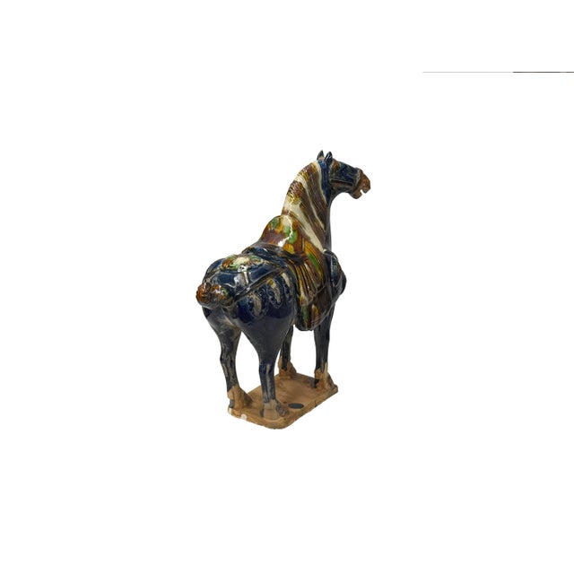 Oriental Ceramic Sancai Dark Blue Brown Beige Fengshui Artistic Horse Figure For Sale - Image 11 of 11