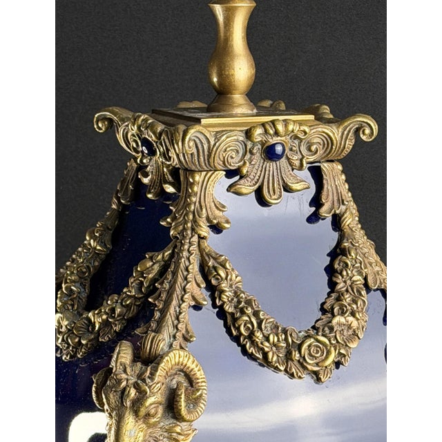 French Cobalt Glass and Ormolu Table Lamp with Ram Heads in the style of Sèvres, 1920s For Sale - Image 10 of 14