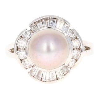Tahitian Pearl Baguette Diamond 14 Karat White Gold Ring, Size 7 For Sale
