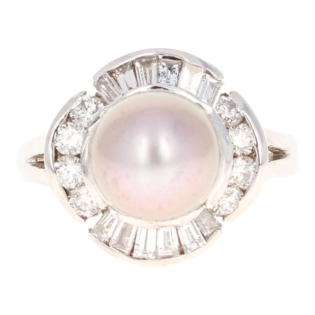 Tahitian Pearl Baguette Diamond 14 Karat White Gold Ring, Size 7 For Sale