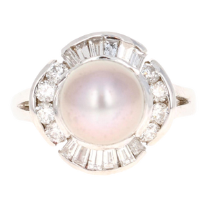 Tahitian Pearl Baguette Diamond 14 Karat White Gold Ring, Size 7