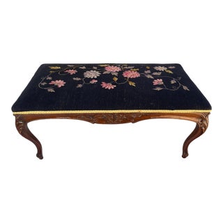 Antique French Provincial Black Floral Needle Point Bench For Sale