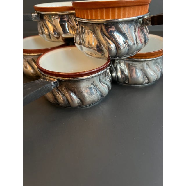 Rare set of six German 800 silver ramekin dishes with Rosenthal inserts and wooden handles.